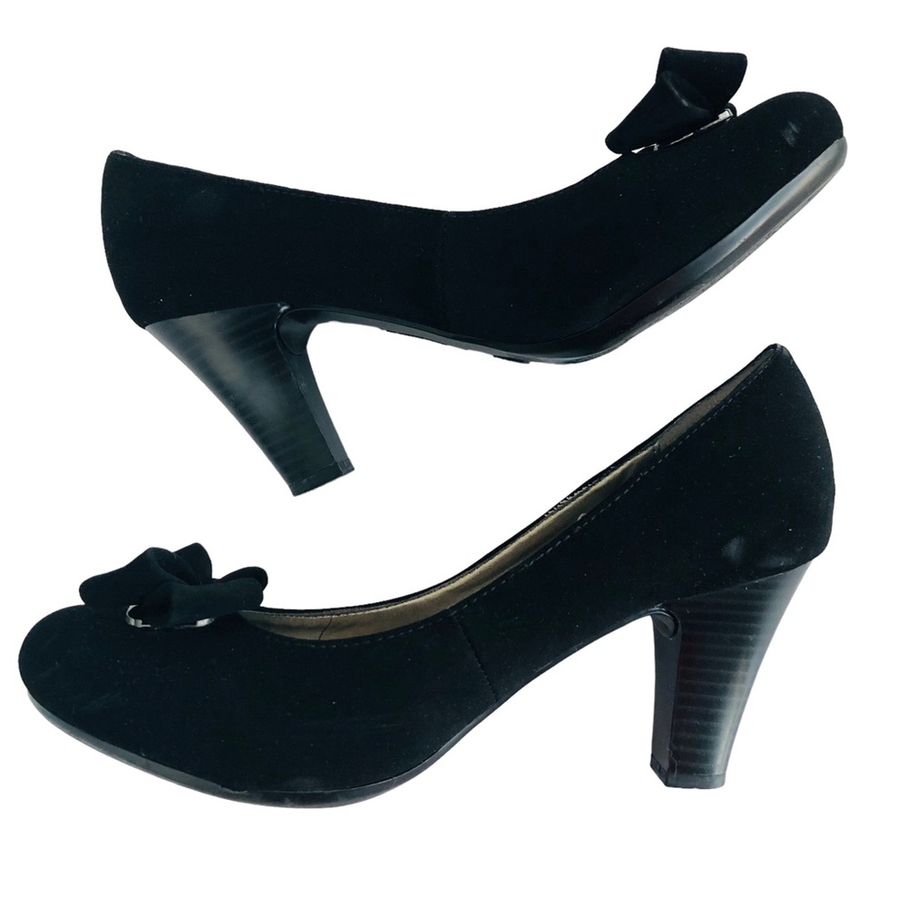 $10 SALE! MADELINE STUART Black Velvet Suede Bow Toe Pump Heels Atlas 7.5 7 1/2